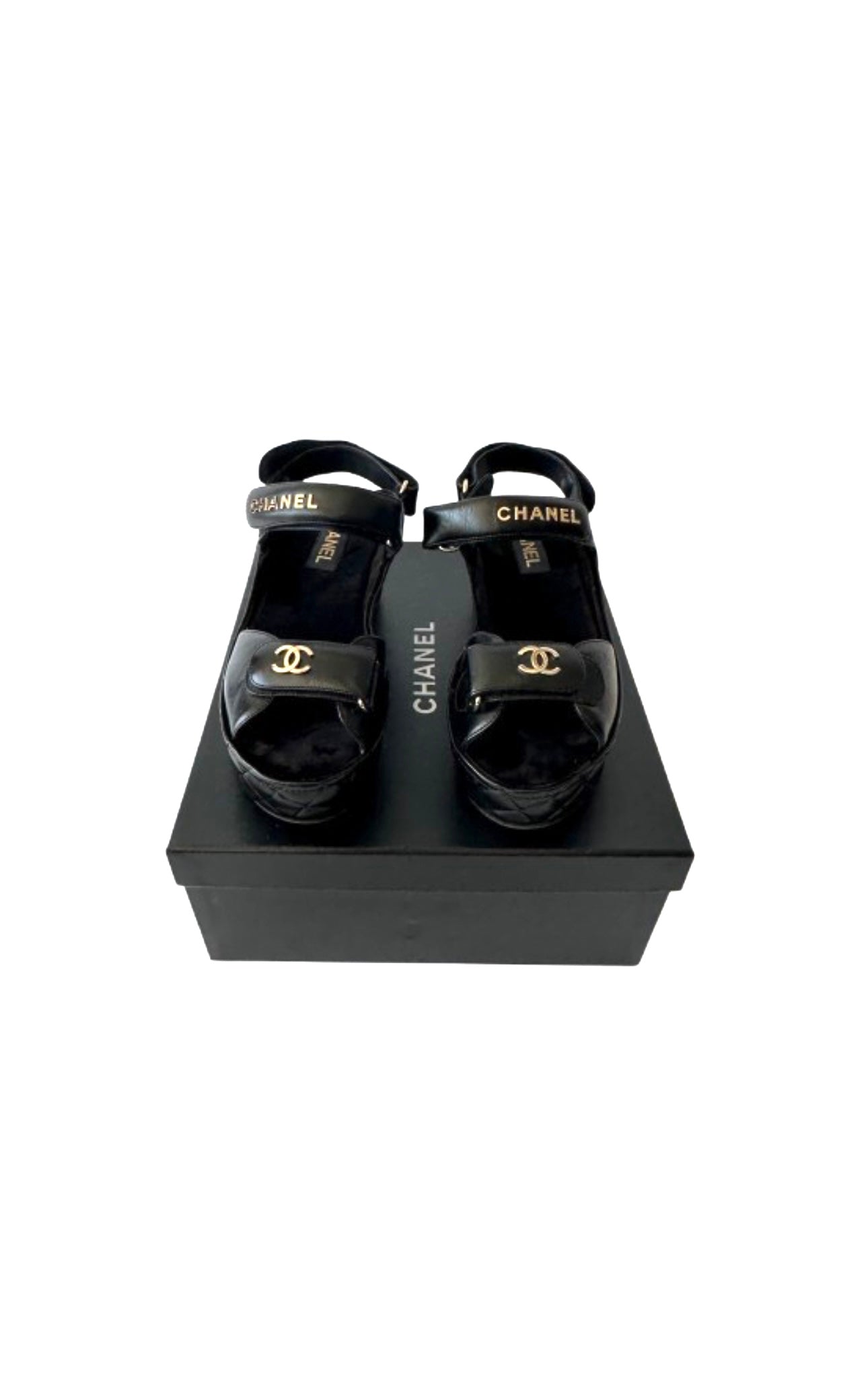 Black Quilted Leather Wedge Sandals with Interlocking CC logo