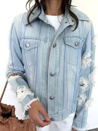 Chanel Light Blue Denim Jacket w  White Floral Detail