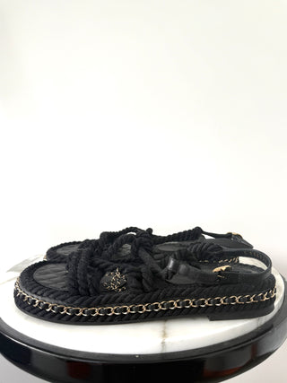 Chanel Black Lambskin Cord Chain CC Sandals