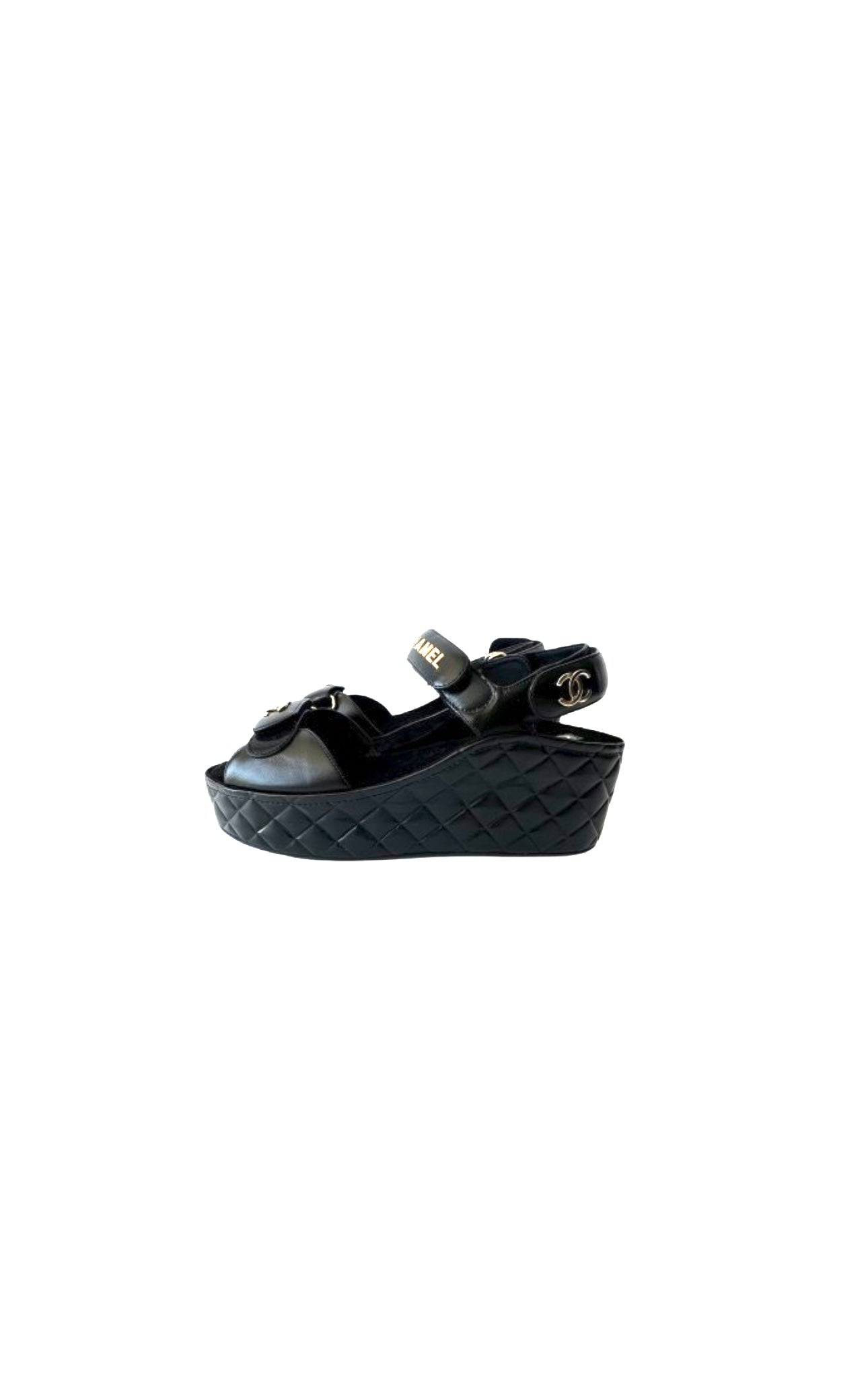 Black Quilted Leather Wedge Sandals with Interlocking CC logo