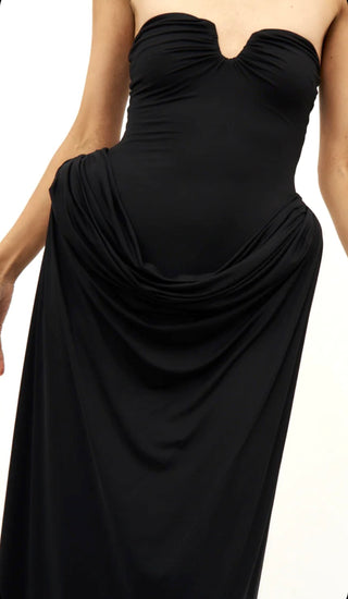 Black Strapless Bustier Draped Maxi Dress