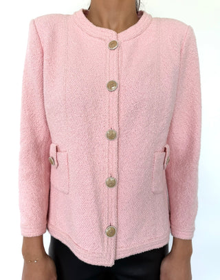 Chanel Pink Boucle Tweed Pearl Button Jacket Size 42 & 34