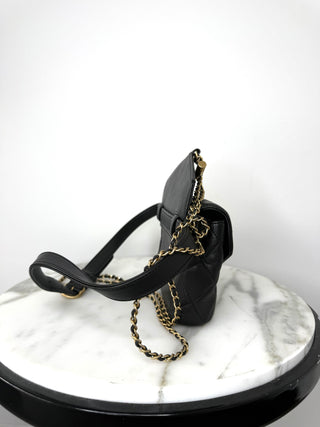 Chanel Black Quilted Calfskin Carry w Chic Flap Waist Bag w Gold Chain Like New Condition
