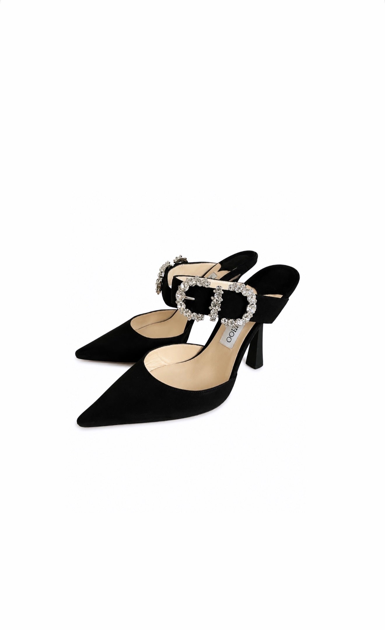 Jimmy Choo Black Suede Crystal Buckle Heels Like New Condition