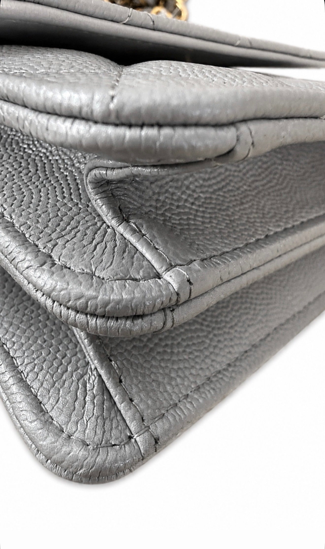 Grey Quilted Calfskin Small Purse w Gold Chain