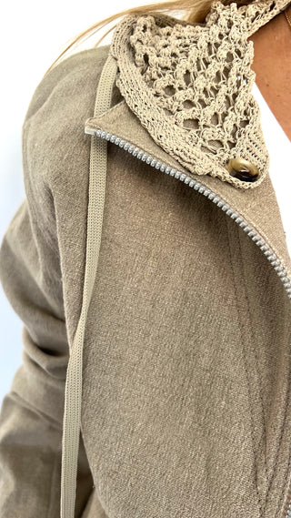 Beige Linen Crochet Hood Jacket