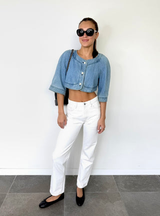 Chanel Denim Cropped Bolero Jacket w Pearl Buttons