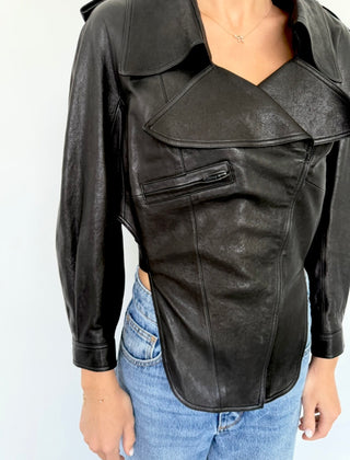Chanel Black Leather Asymmetrical Cropped Jacket