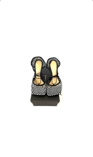 Black Rhinestone Mesh Stretch Sparkle Leather Lace Up Sandals