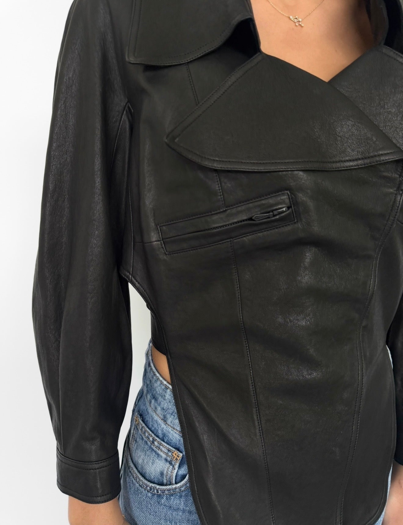Chanel Black Leather Asymmetrical Cropped Jacket