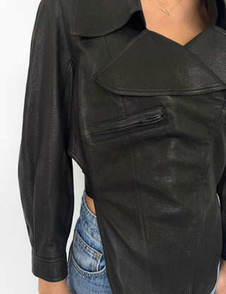 Chanel Black Leather Asymmetrical Cropped Jacket