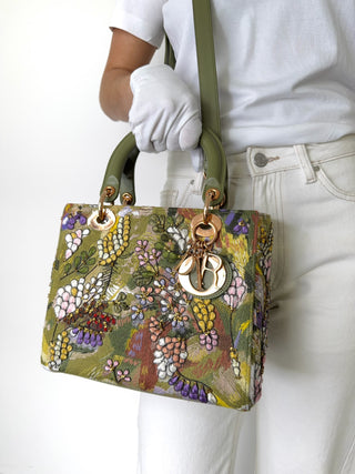 Dior Limited Edition Green Floral Embroidered Medium Lady Dior Bag w Strap
