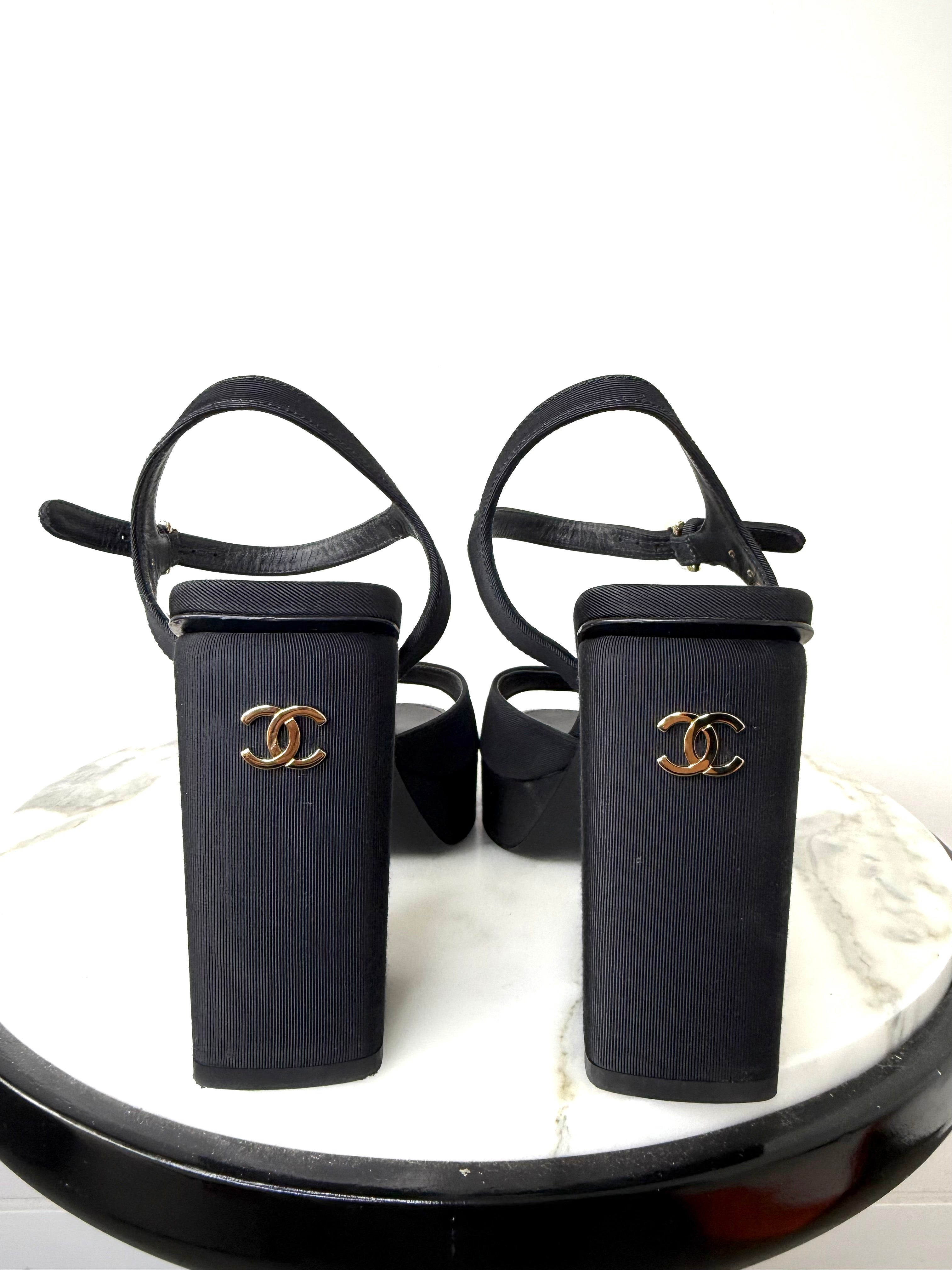 Chanel Black Grosgrain Platform Sandals Very Good Condition