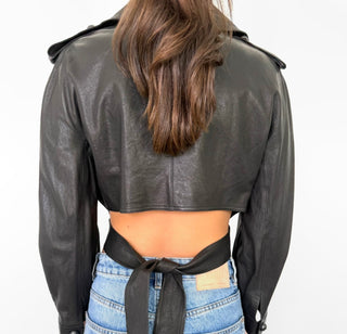 Chanel Black Leather Asymmetrical Cropped Jacket