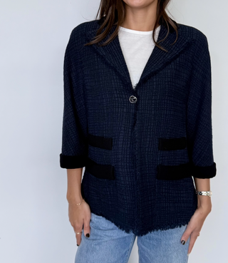 Chanel Navy Blue Wool & Silk Tweed Jacket Size 44