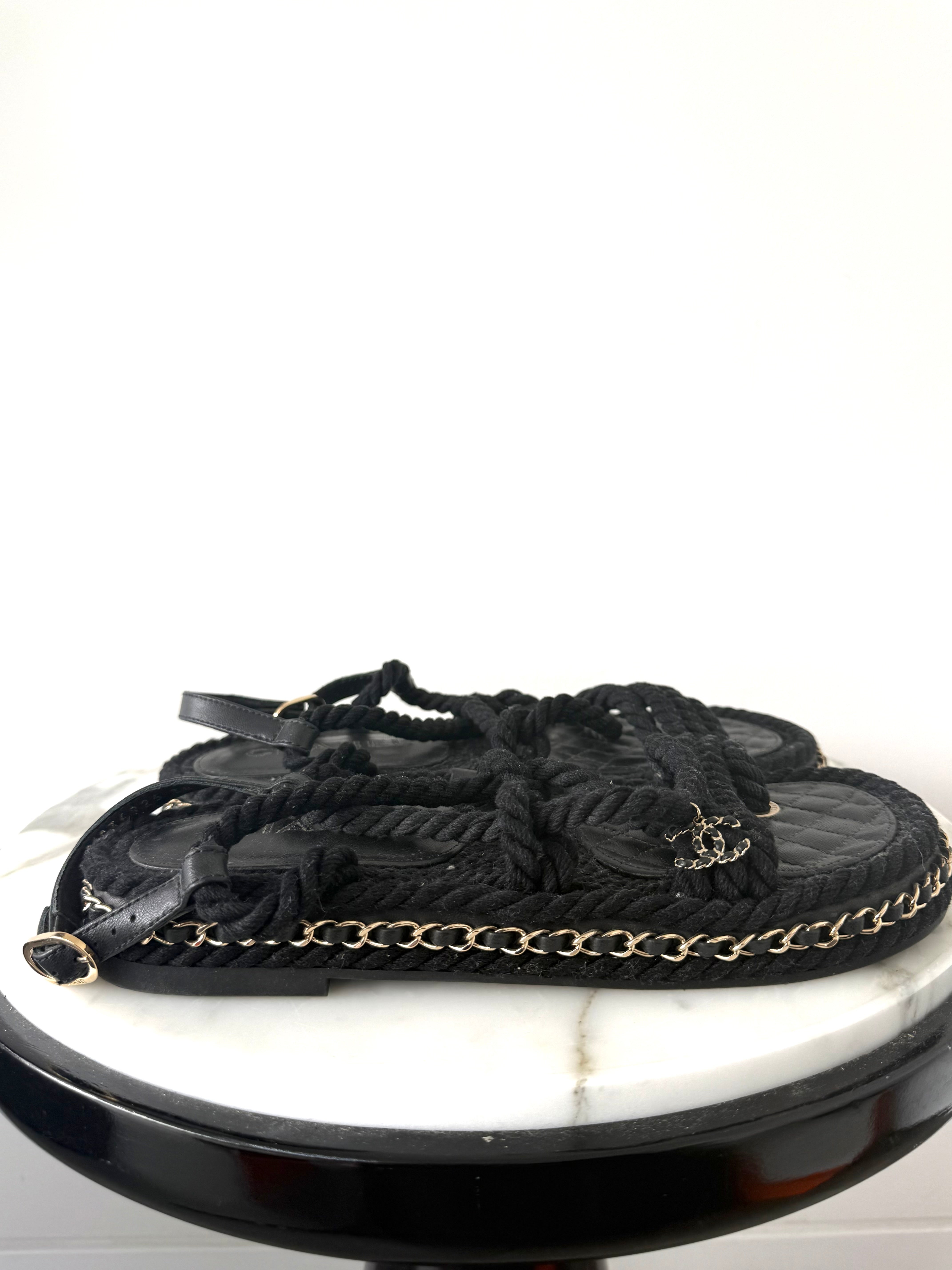 Chanel Black Lambskin Cord Chain CC Sandals