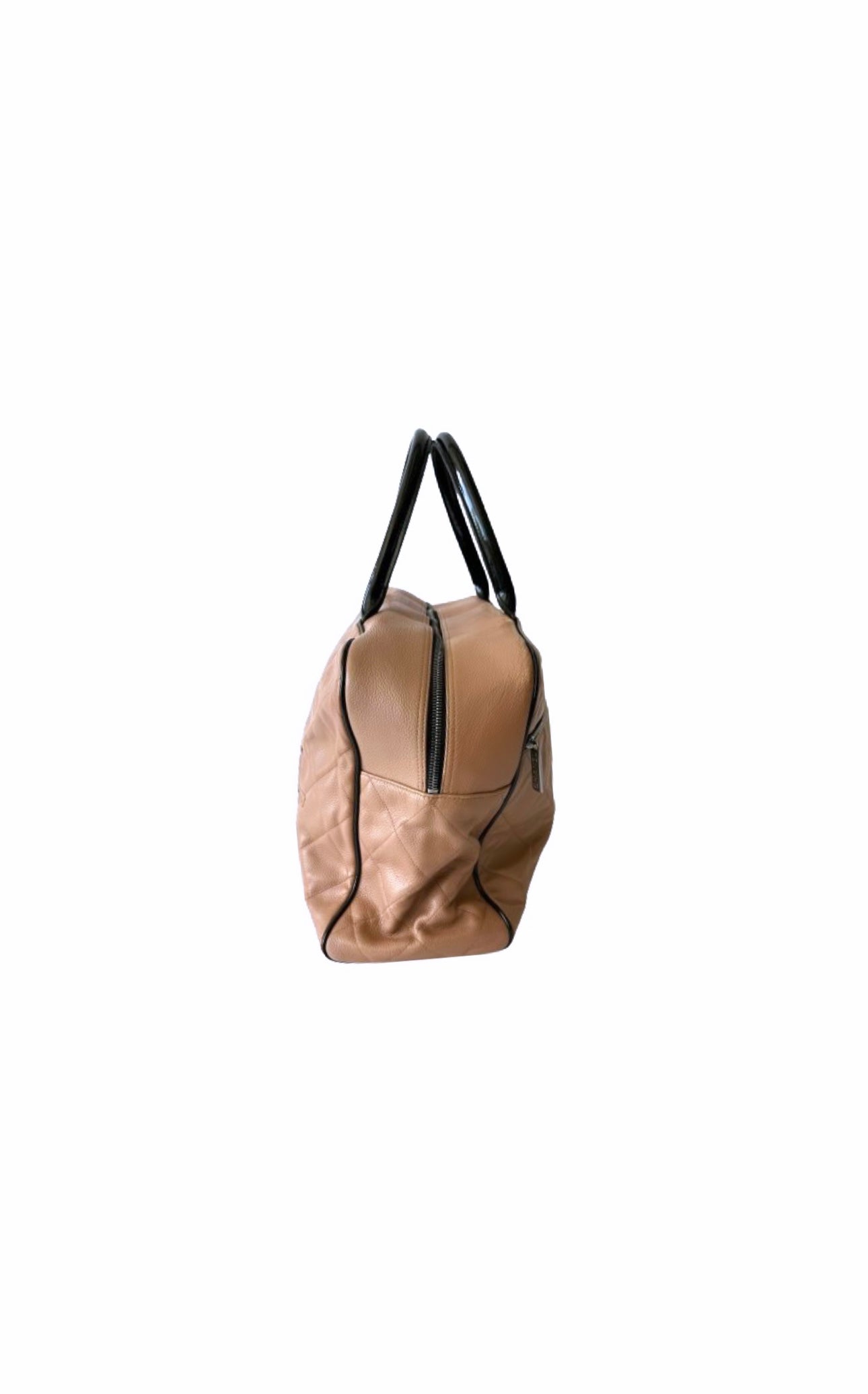 Beige & Black Boston Bowler Bag in Quilted Caviar Leather