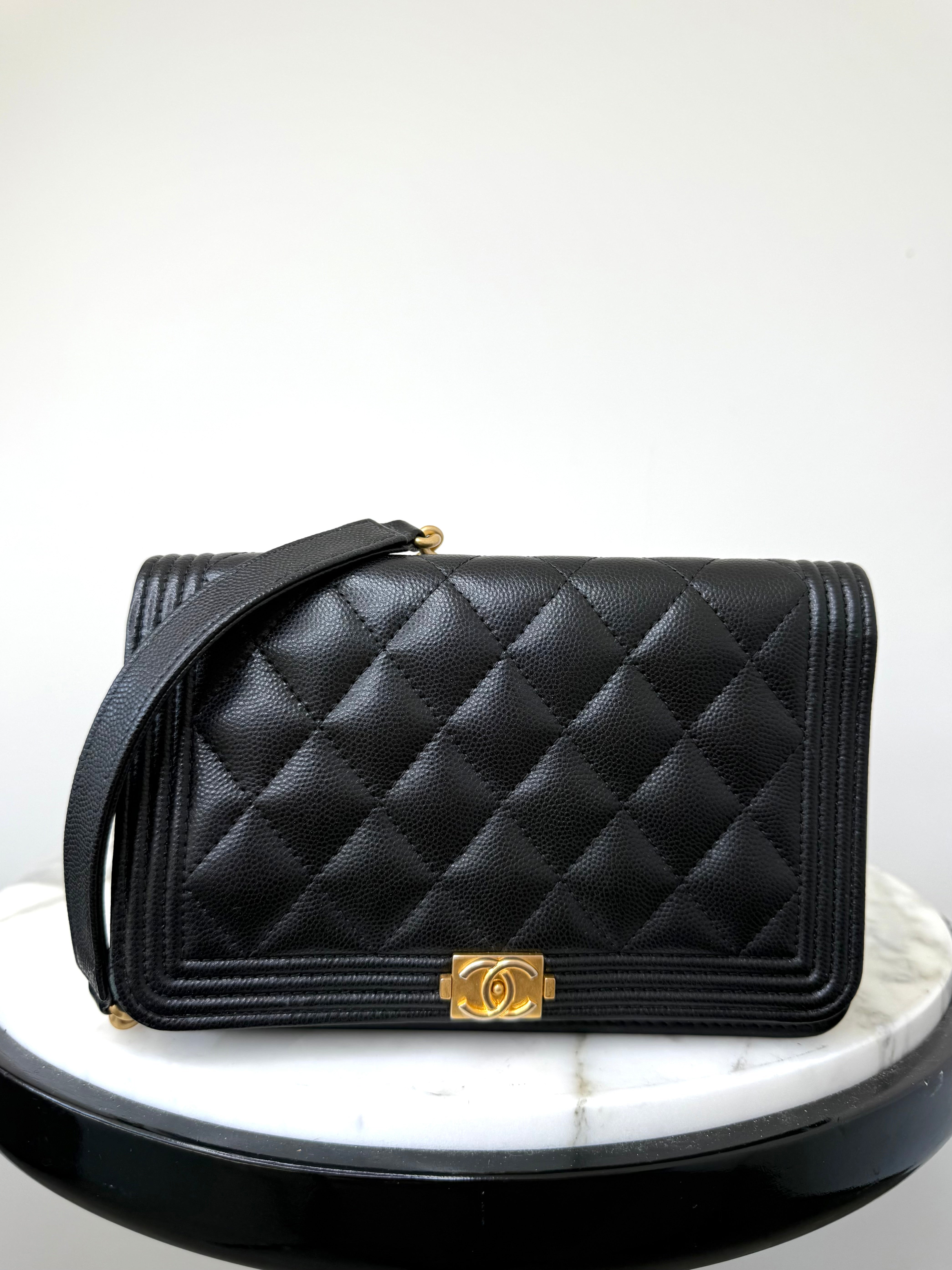 Chanel Black Caviar Boy Wallet On Chain w Gold Hardware