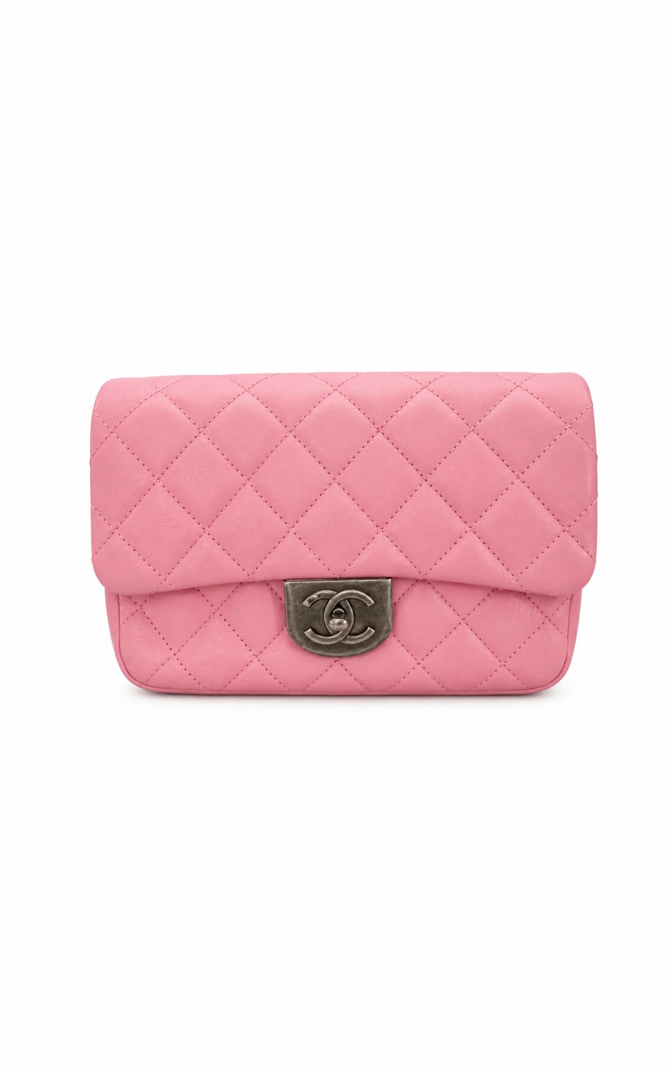 Chanel Pink Lambskin Double Carry Waist Chain Flap Bag Excellent Condition
