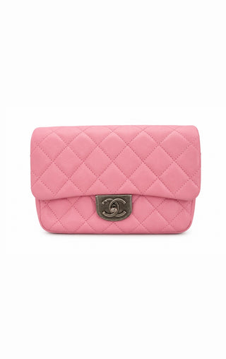 Chanel Pink Lambskin Double Carry Waist Chain Flap Bag Excellent Condition