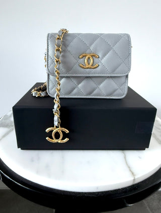Grey Quilted Calfskin Small Purse w Gold Chain