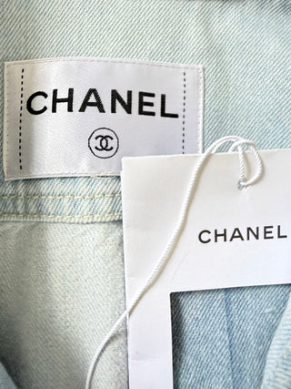 Chanel Light Blue Denim Jacket w  White Floral Detail