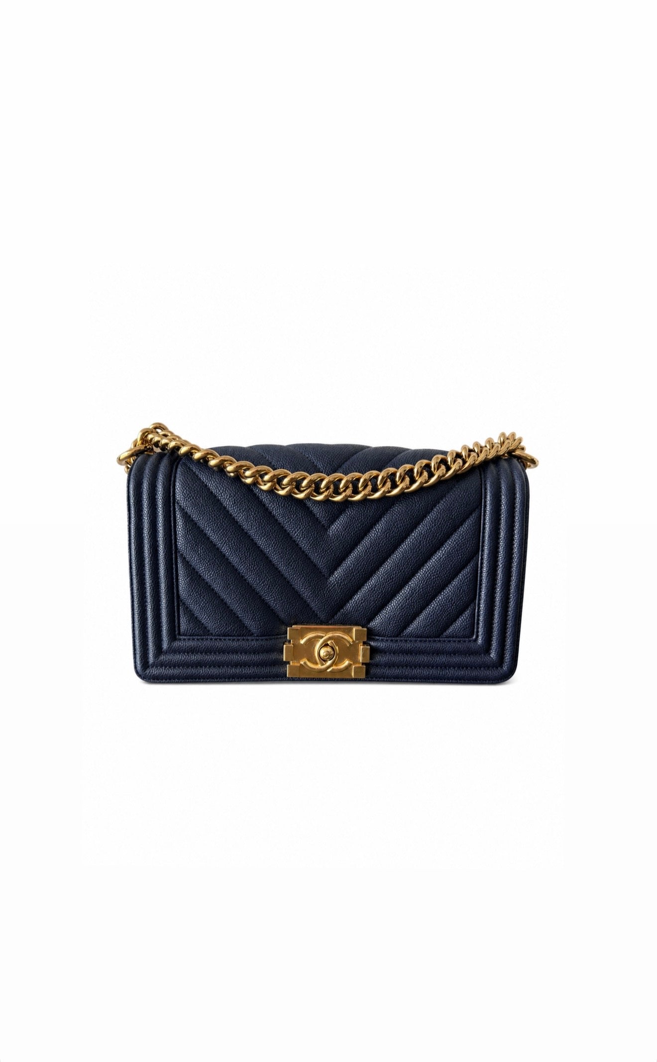 Navy Blue Chevron Leather Boy Bag Excellent Condition