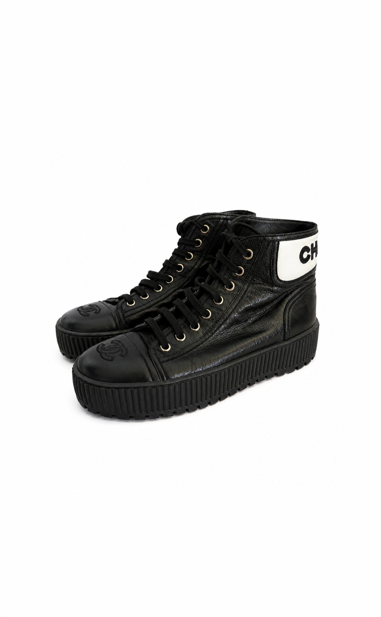 Black Calfskin Platform High Top Sneakers Size 36.5