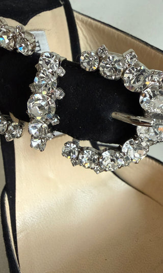 Jimmy Choo Black Suede Crystal Buckle Heels Like New Condition