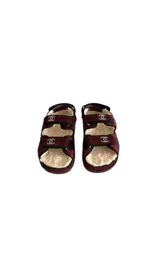 Burgundy Calf Hair Shearling & Suede Trim Dad Sandals