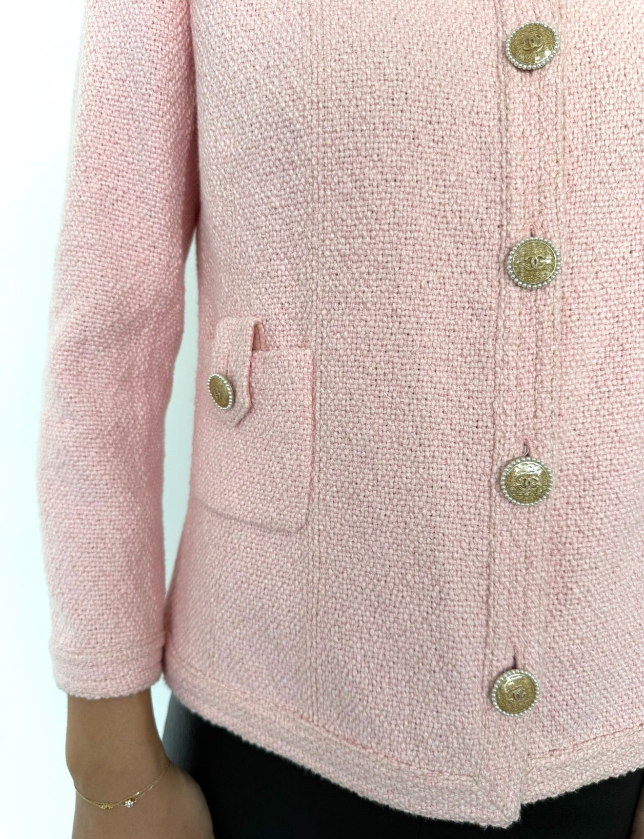 Chanel Pink Boucle Tweed Pearl Button Jacket Size 42 & 34