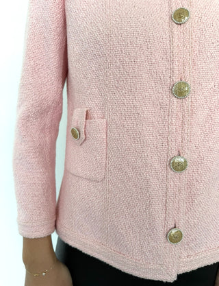Chanel Pink Boucle Tweed Pearl Button Jacket Size 42 & 34