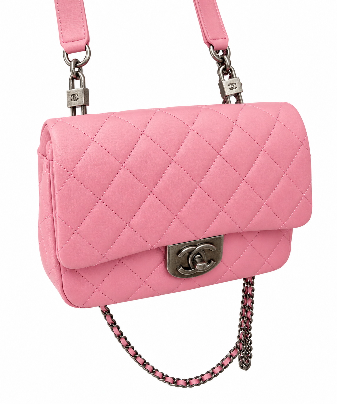 Chanel Pink Lambskin Double Carry Waist Chain Flap Bag Excellent Condition