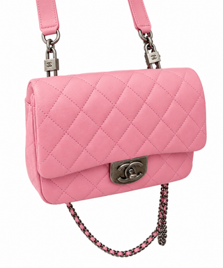 Chanel Pink Lambskin Double Carry Waist Chain Flap Bag Excellent Condition