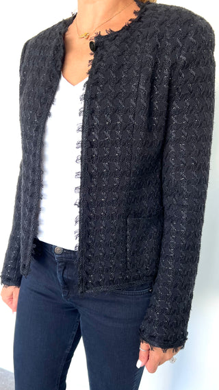 Black Cropped Collarless Tweed & Metallic Jacket