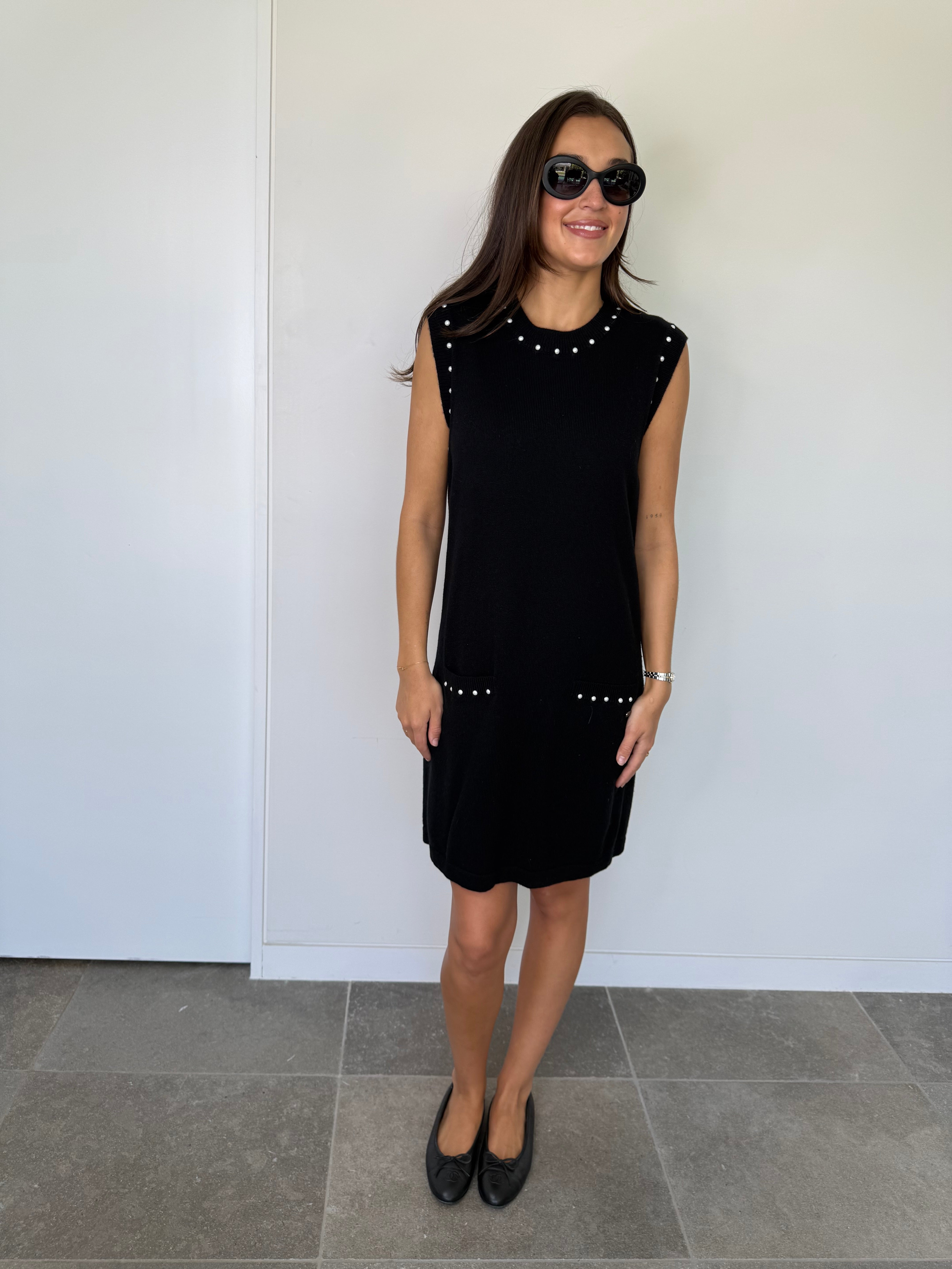 Chanel Black Sleeveless Shift Dress w Pearl Embellishment