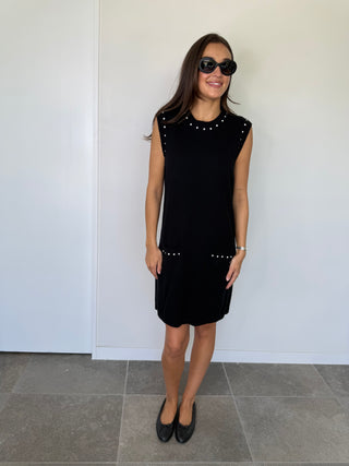 Chanel Black Sleeveless Shift Dress w Pearl Embellishment