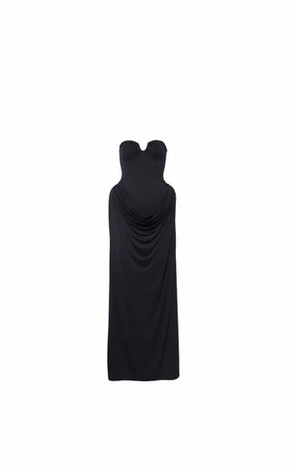 Black Strapless Bustier Draped Maxi Dress