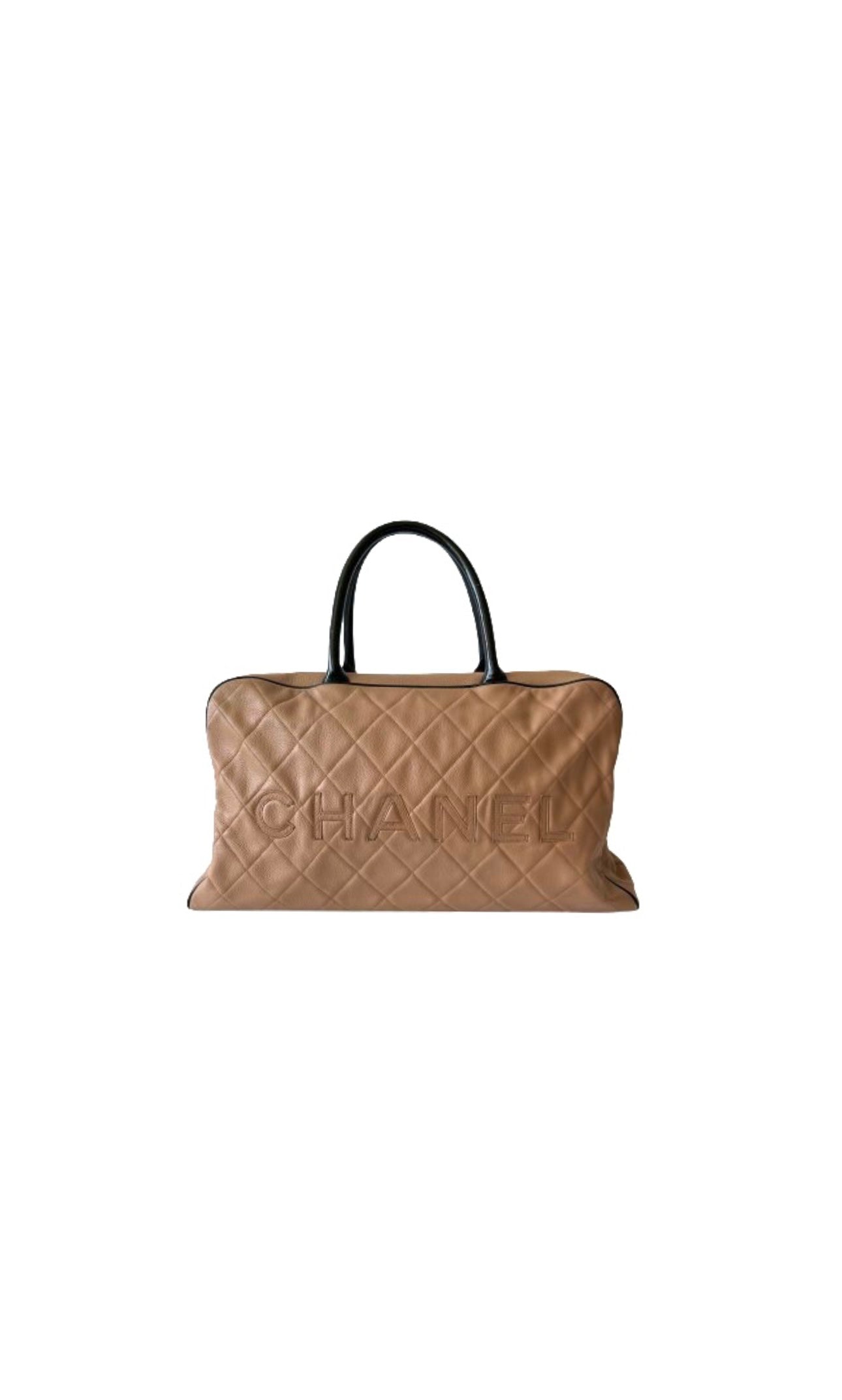 Beige & Black Boston Bowler Bag in Quilted Caviar Leather