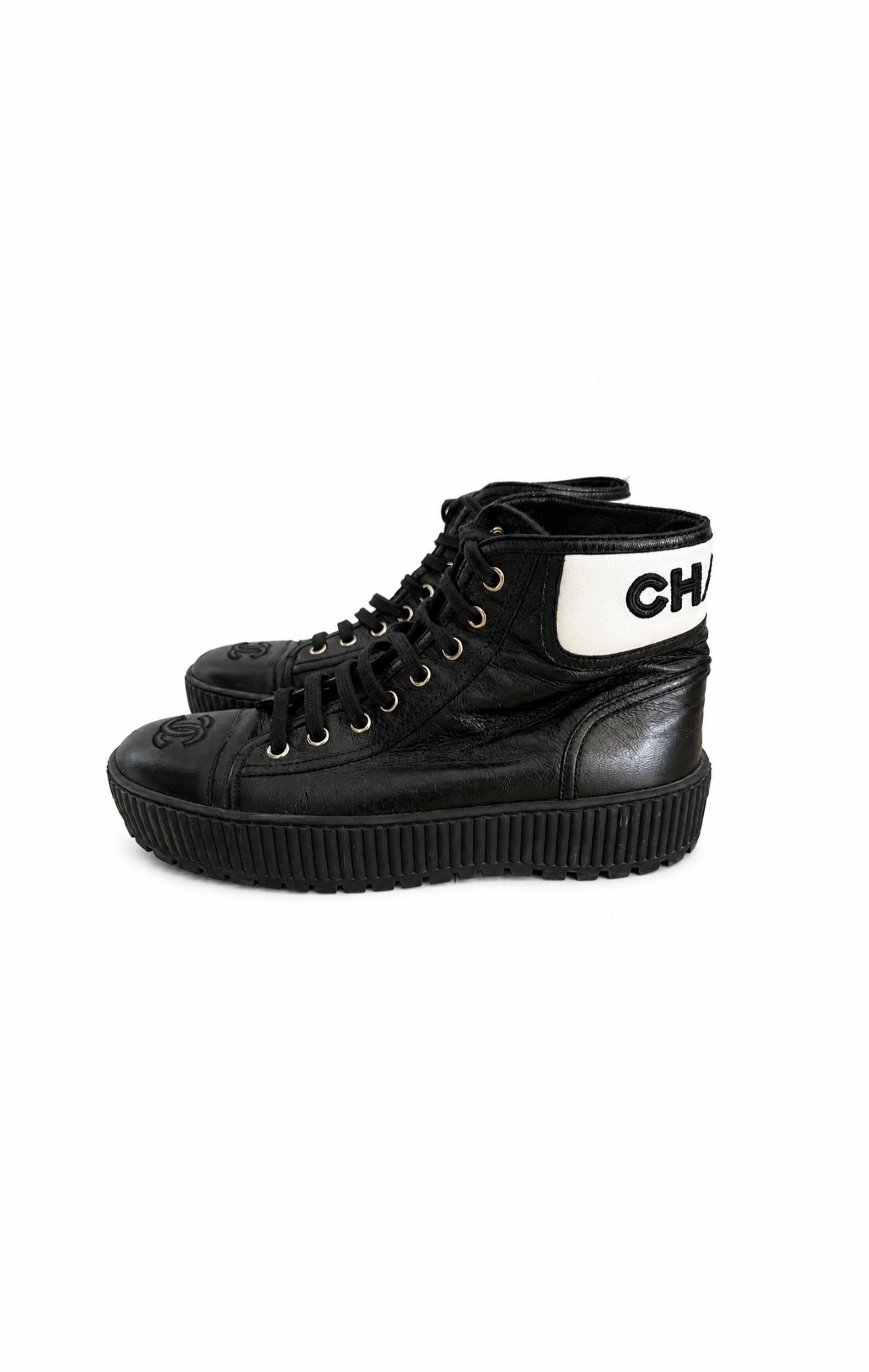 Black Calfskin Platform High Top Sneakers Size 36.5