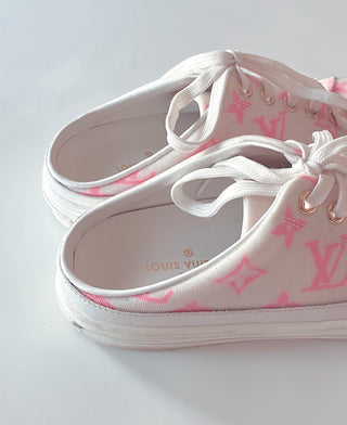 White Open Back Sneakers with Pink Logo