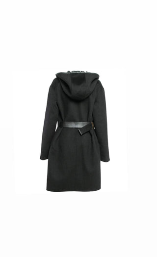 Black & White Monogrammed Hooded Wrap Coat