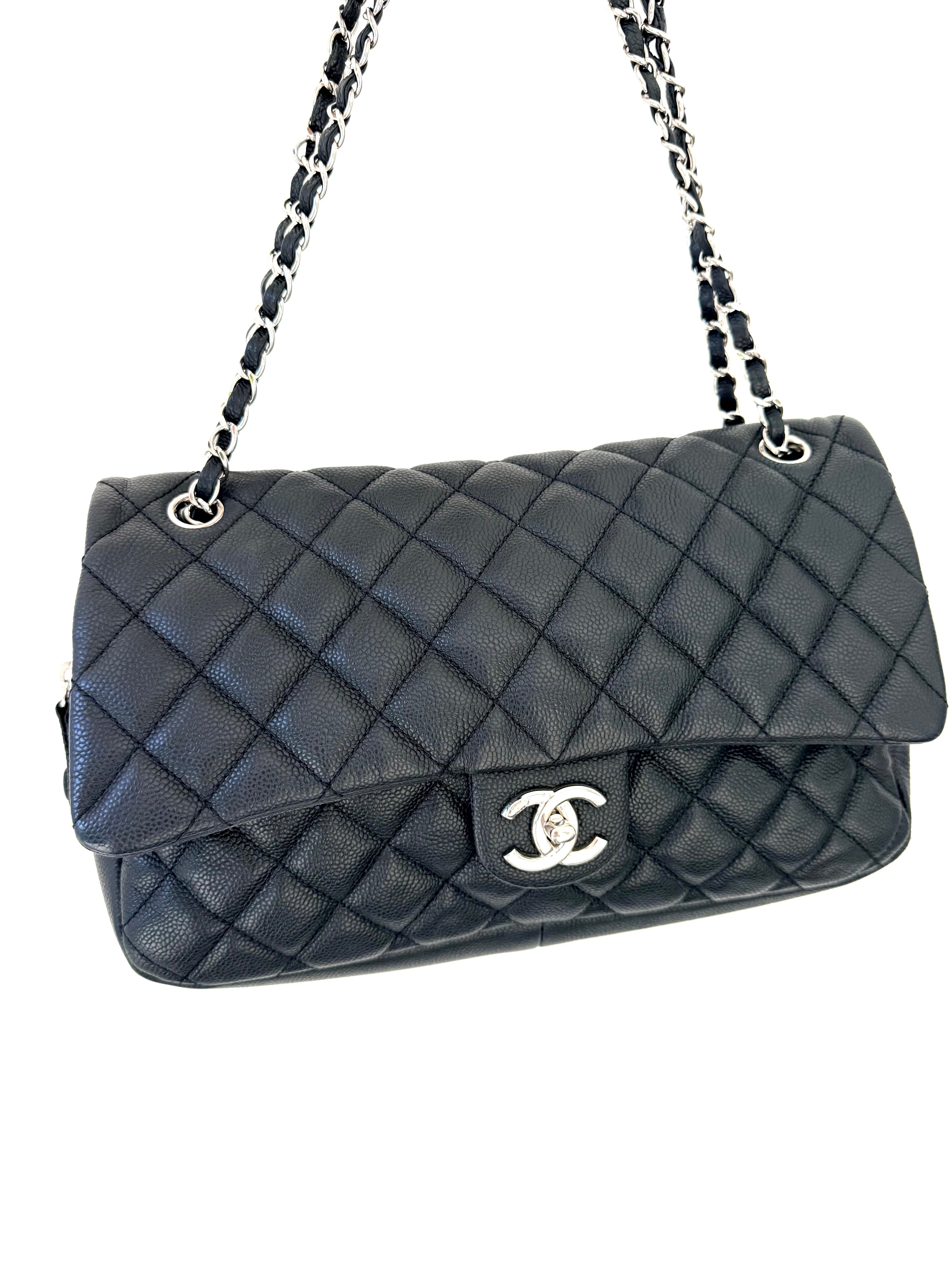 Black Quilted Caviar Jumbo Easy Flap Bag Good Condition