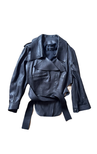 Chanel Black Leather Asymmetrical Cropped Jacket