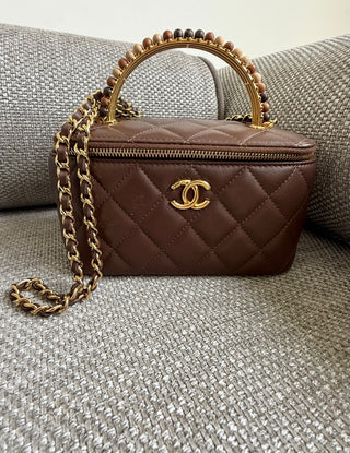 Brown Lambskin Matelasse Wooden Beaded 2 Way Vanity Bag