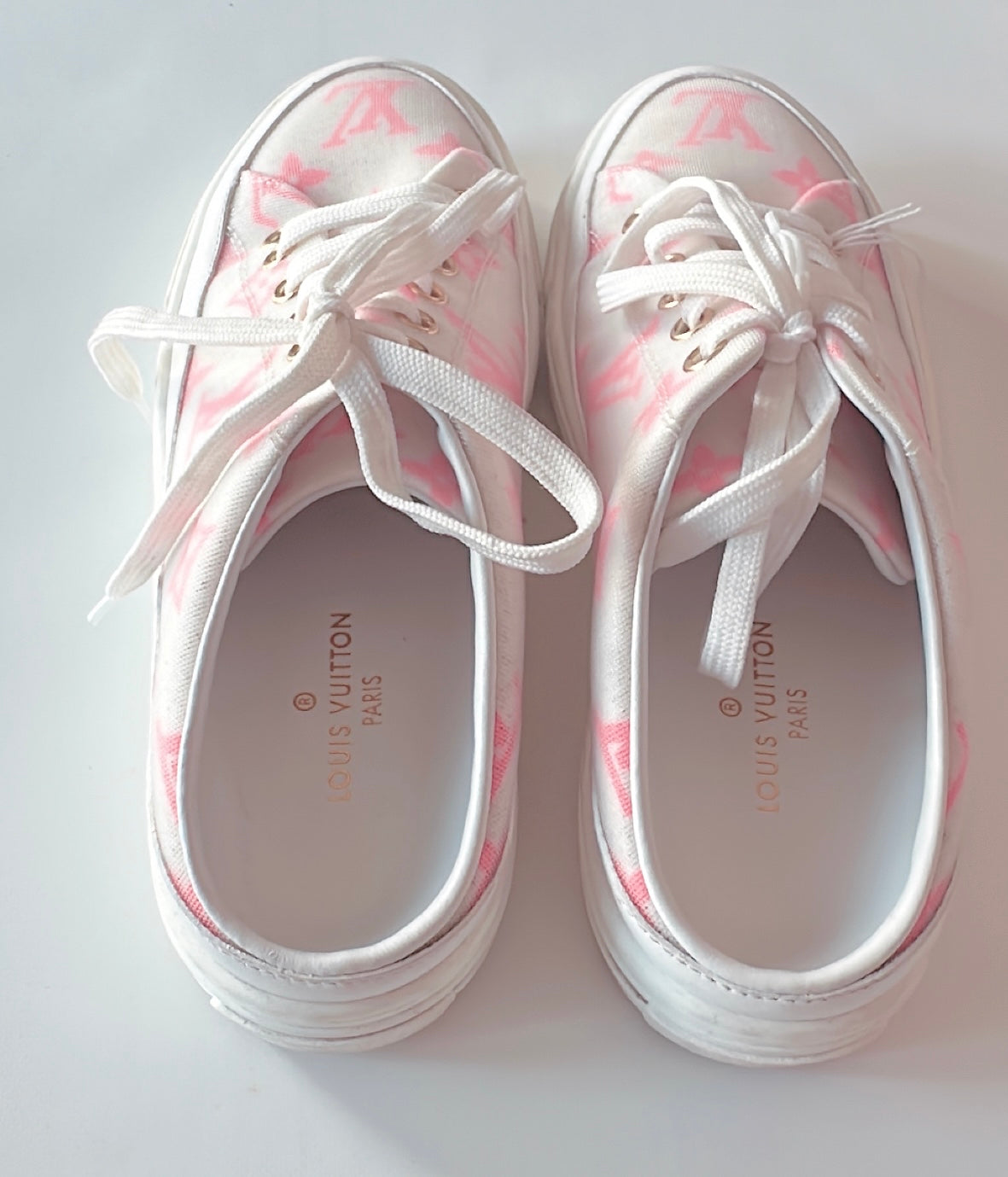 White Open Back Sneakers with Pink Logo