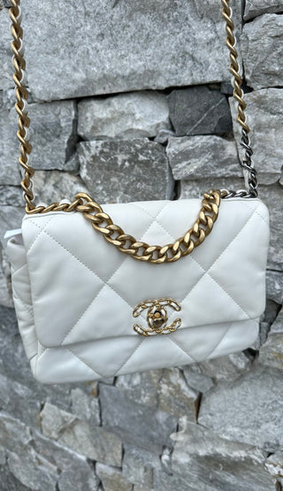 White Chanel 19 Small Flap Bag in Lambskin Leather