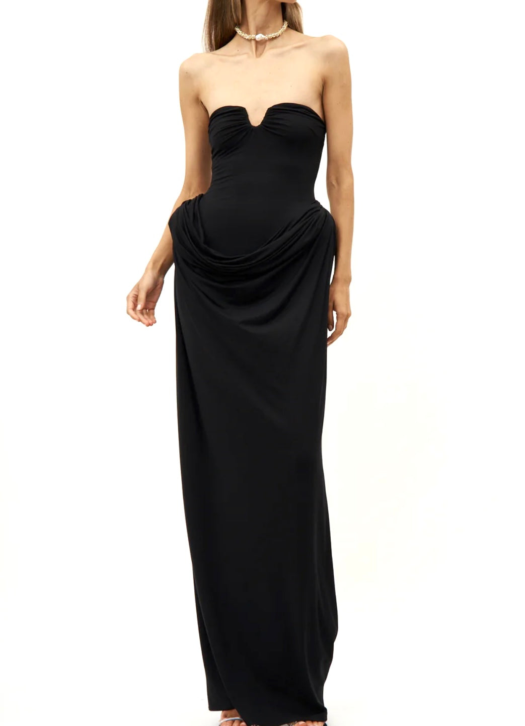 Black Strapless Bustier Draped Maxi Dress