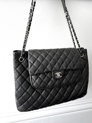 Black Quilted Caviar Paris-Edinburgh Large Flap Tote Silver Hardware