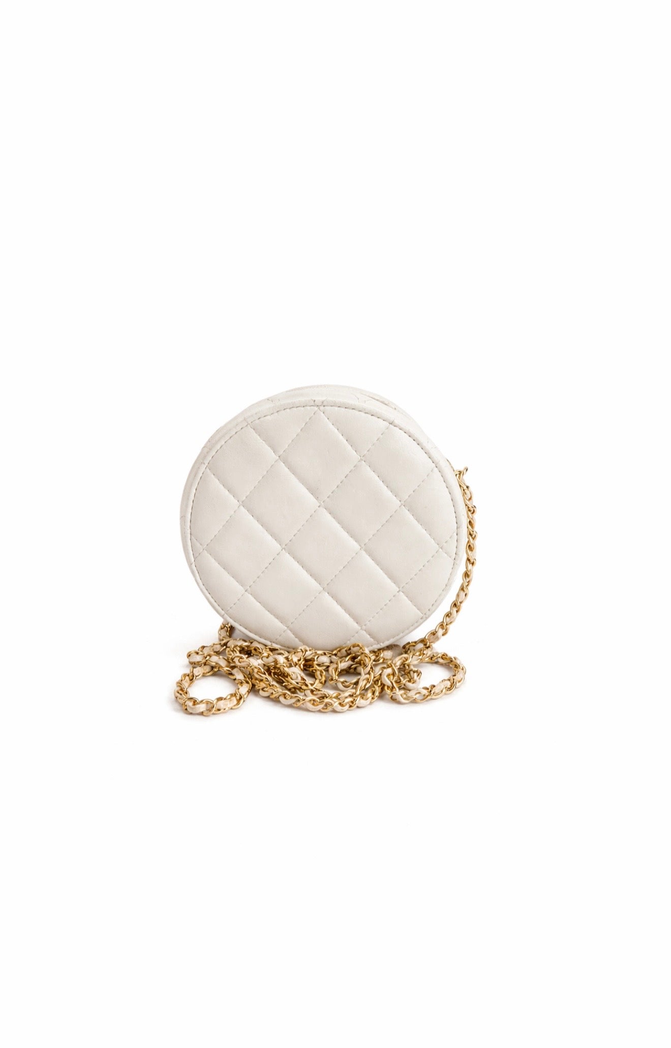 Round Quilted Gold Metal Mini Clutch w Chain Bag